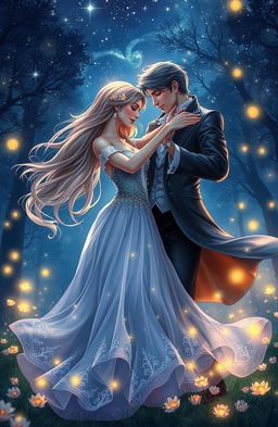 A beautiful fantasy couple dancing gracefully under a starlit sky