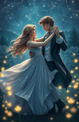 A beautiful fantasy couple dancing gracefully under a starlit sky