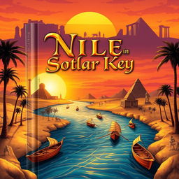 A captivating book cover design for 'Nile in Solar Key,' featuring a rich illustration that captures the essence of Ancient Egyptian religion through a journey from Aswan to Alexandria along the Nile River