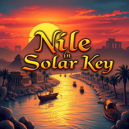 A captivating book cover design for 'Nile in Solar Key,' featuring a rich illustration that captures the essence of Ancient Egyptian religion through a journey from Aswan to Alexandria along the Nile River