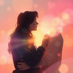A romantic scene depicting a couple in a tender embrace, surrounded by soft, dreamy shades of love