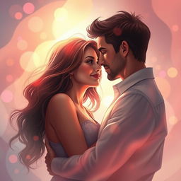 A romantic scene depicting a couple in a tender embrace, surrounded by soft, dreamy shades of love