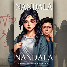 A captivating novel cover for 'NANDALA', showcasing a modern teenage girl who reflects a blend of vulnerability and resilience