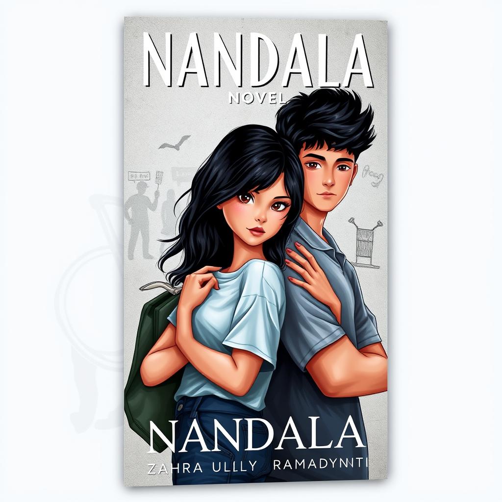 A captivating novel cover for 'NANDALA', showcasing a modern teenage girl who reflects a blend of vulnerability and resilience