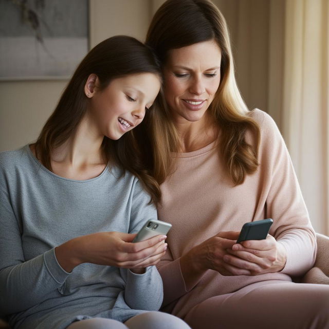 A tender scene of a mother and her daughter engrossed in their mobile devices, communicating via text messages, seated in a cozy domestic setting.