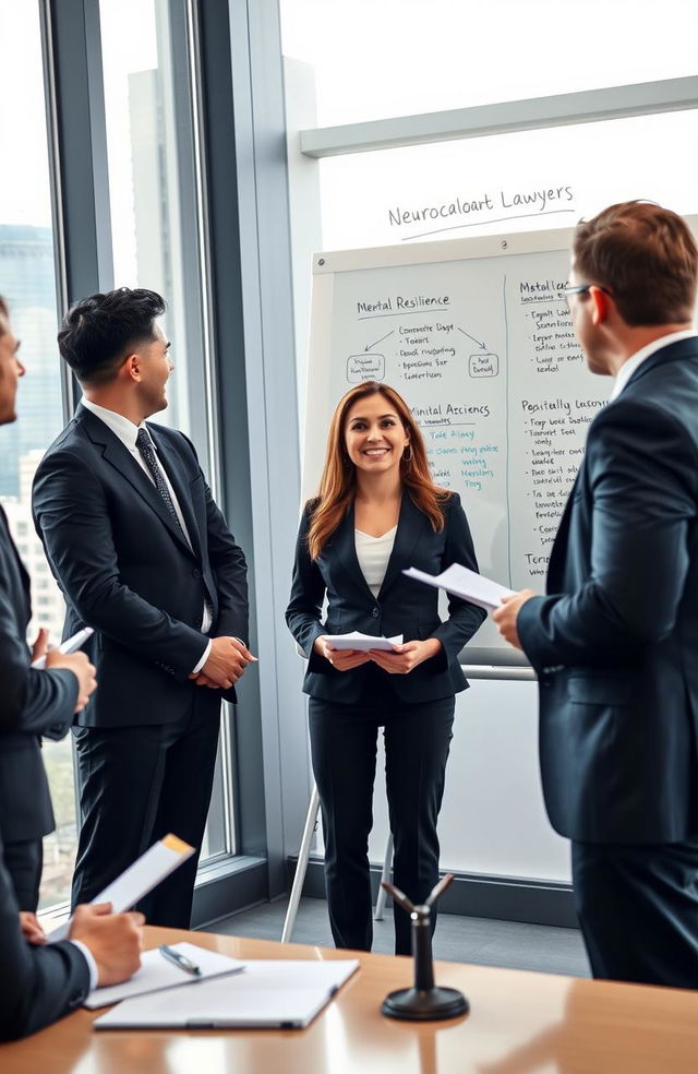 A professional and engaging scene depicting a neurocoaching session specifically designed for criminal lawyers