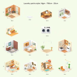Ten unique 3D design layouts for a laundry patio, measuring 180 centimeters in length, 220 centimeters in width, and 220 centimeters in height