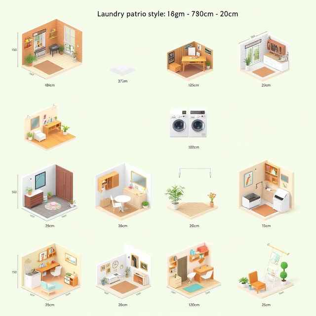 Ten unique 3D design layouts for a laundry patio, measuring 180 centimeters in length, 220 centimeters in width, and 220 centimeters in height