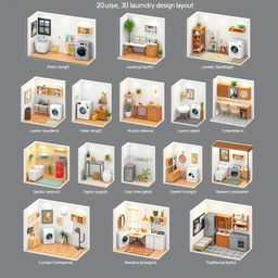 Ten unique 3D design layouts for a laundry patio, measuring 180 centimeters in length, 220 centimeters in width, and 220 centimeters in height