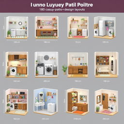 Ten unique 3D design layouts for a laundry patio, measuring 180 centimeters in length, 220 centimeters in width, and 220 centimeters in height