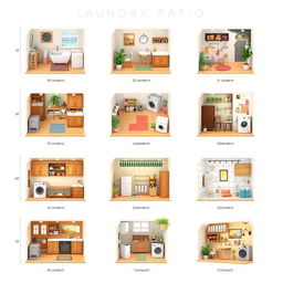 Ten unique 3D design layouts for a laundry patio, measuring 180 centimeters in length, 220 centimeters in width, and 220 centimeters in height