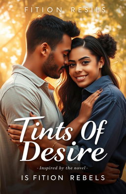 A romantic scene titled 'Tints Of Desire', inspired by the novel by Fiction Rebels, depicting a couple in an intimate embrace