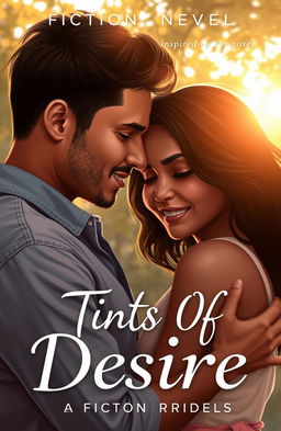 A romantic scene titled 'Tints Of Desire', inspired by the novel by Fiction Rebels, depicting a couple in an intimate embrace