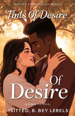 A romantic scene titled 'Tints Of Desire', inspired by the novel by Fiction Rebels, depicting a couple in an intimate embrace
