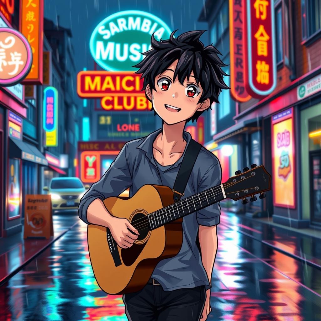 An anime-style illustration portraying a young man with tousled black hair, confidently walking towards a club named 'Samba1501 Music Club'