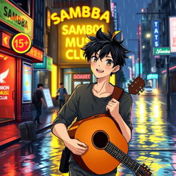 An anime-style illustration portraying a young man with tousled black hair, confidently walking towards a club named 'Samba1501 Music Club'