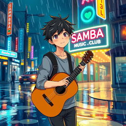 An anime-style illustration portraying a young man with tousled black hair, confidently walking towards a club named 'Samba1501 Music Club'