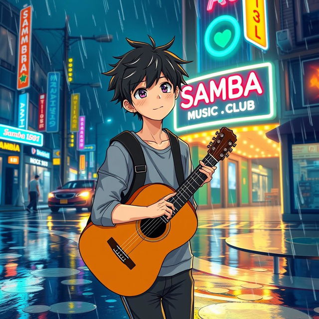 An anime-style illustration portraying a young man with tousled black hair, confidently walking towards a club named 'Samba1501 Music Club'