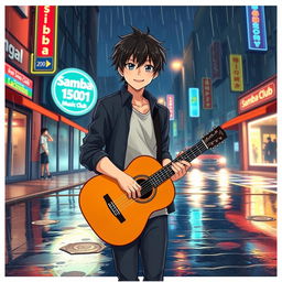 An anime-style illustration portraying a young man with tousled black hair, confidently walking towards a club named 'Samba1501 Music Club'