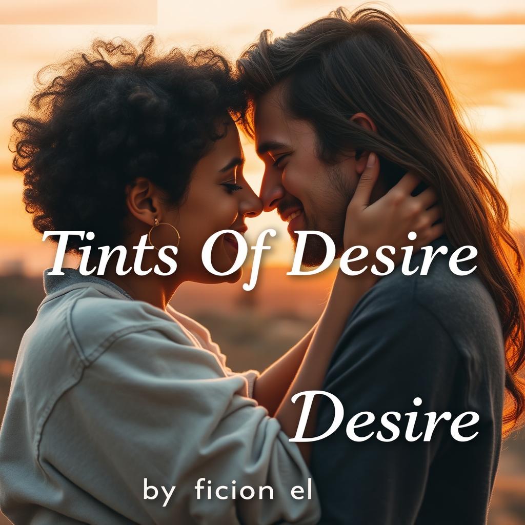 A romantic scene titled 'Tints Of Desire', inspired by the novel by Fiction Rebels, showcasing a couple deeply in love, their natural faces radiating tenderness and affection