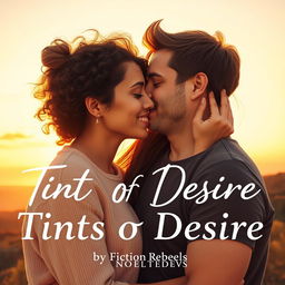 A romantic scene titled 'Tints Of Desire', inspired by the novel by Fiction Rebels, showcasing a couple deeply in love, their natural faces radiating tenderness and affection