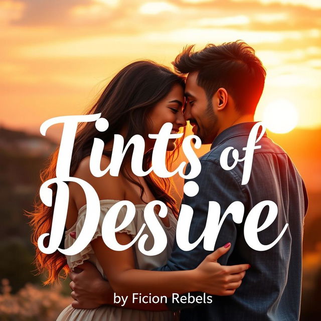 A romantic scene titled 'Tints Of Desire', inspired by the novel by Fiction Rebels, showcasing a couple deeply in love, their natural faces radiating tenderness and affection