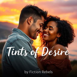 A romantic scene titled 'Tints Of Desire', inspired by the novel by Fiction Rebels, showcasing a couple deeply in love, their natural faces radiating tenderness and affection