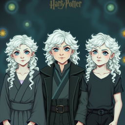 Three non-identical platinum blond triplets with curly hair and captivating grey eyes