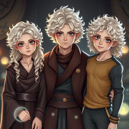 Three non-identical platinum blond triplets with curly hair and captivating grey eyes