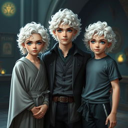 Three non-identical platinum blond triplets with curly hair and captivating grey eyes