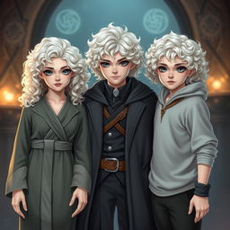 Three non-identical platinum blond triplets with curly hair and captivating grey eyes