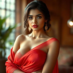 A stunning young woman with a beautiful face, featuring massive breasts and a thin hourglass waist, elegantly wearing a vibrant red saree