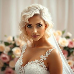 A stunning woman with platinum curly hair and expressive brown eyes, elegantly dressed in a beautiful wedding gown