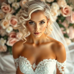A stunning woman with platinum curly hair and expressive brown eyes, elegantly dressed in a beautiful wedding gown