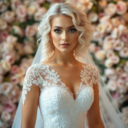A stunning woman with platinum curly hair and expressive brown eyes, elegantly dressed in a beautiful wedding gown