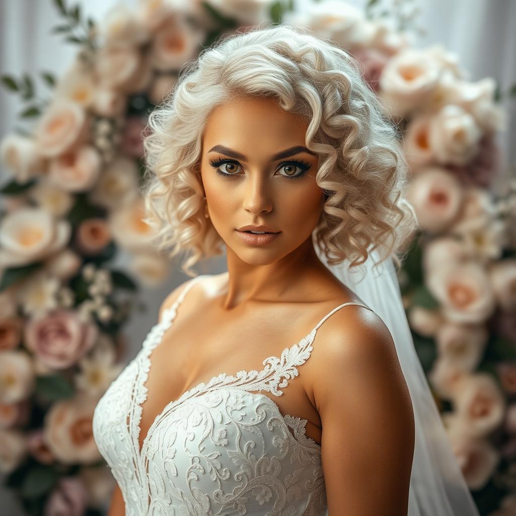 A stunning woman with platinum curly hair and expressive brown eyes, elegantly dressed in a beautiful wedding gown