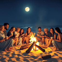 On a moonlit beach at night, a warm bonfire blazes brightly, casting a golden glow on the sand