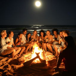 On a moonlit beach at night, a warm bonfire blazes brightly, casting a golden glow on the sand