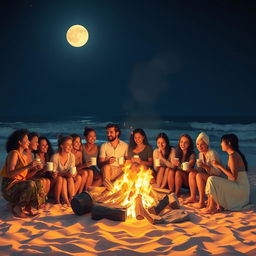 On a moonlit beach at night, a warm bonfire blazes brightly, casting a golden glow on the sand
