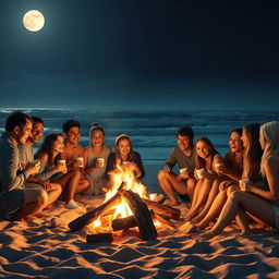 On a moonlit beach at night, a warm bonfire blazes brightly, casting a golden glow on the sand