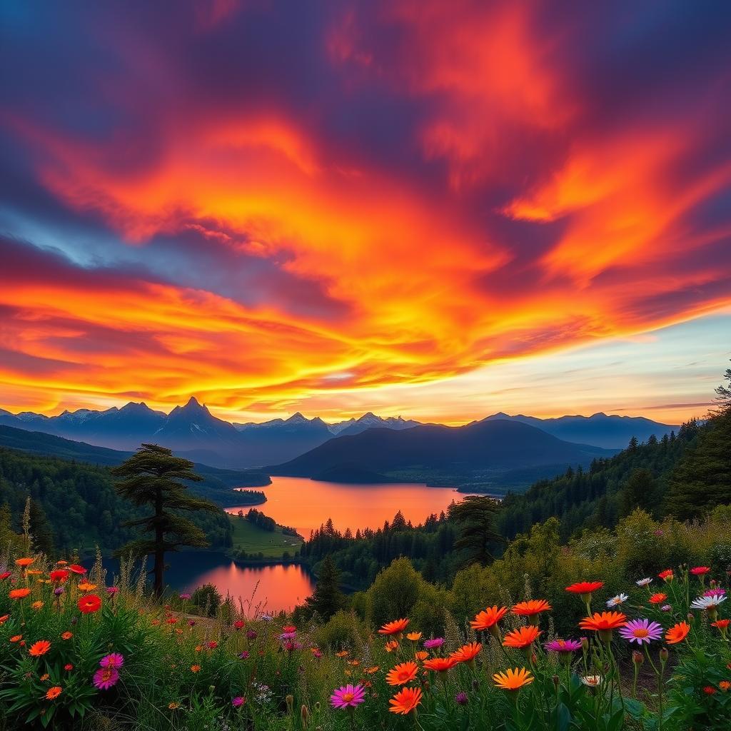 A stunning landscape depicting the vibrant and intense colors of emotions, with a magnificent sunset blending warm oranges, passionate reds, and calm purples in the sky