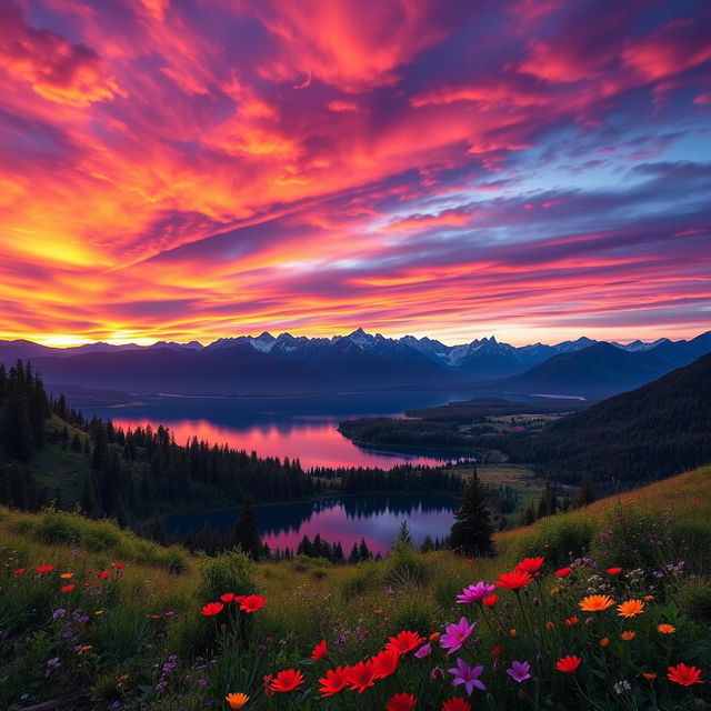 A stunning landscape depicting the vibrant and intense colors of emotions, with a magnificent sunset blending warm oranges, passionate reds, and calm purples in the sky