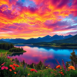 A stunning landscape depicting the vibrant and intense colors of emotions, with a magnificent sunset blending warm oranges, passionate reds, and calm purples in the sky