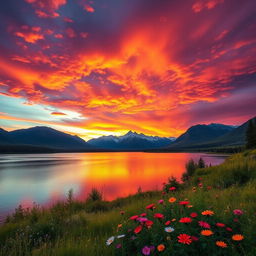 A stunning landscape depicting the vibrant and intense colors of emotions, with a magnificent sunset blending warm oranges, passionate reds, and calm purples in the sky