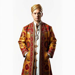 A full body shot of Eminem, the famous rapper, standing confidently in front of a plain white background
