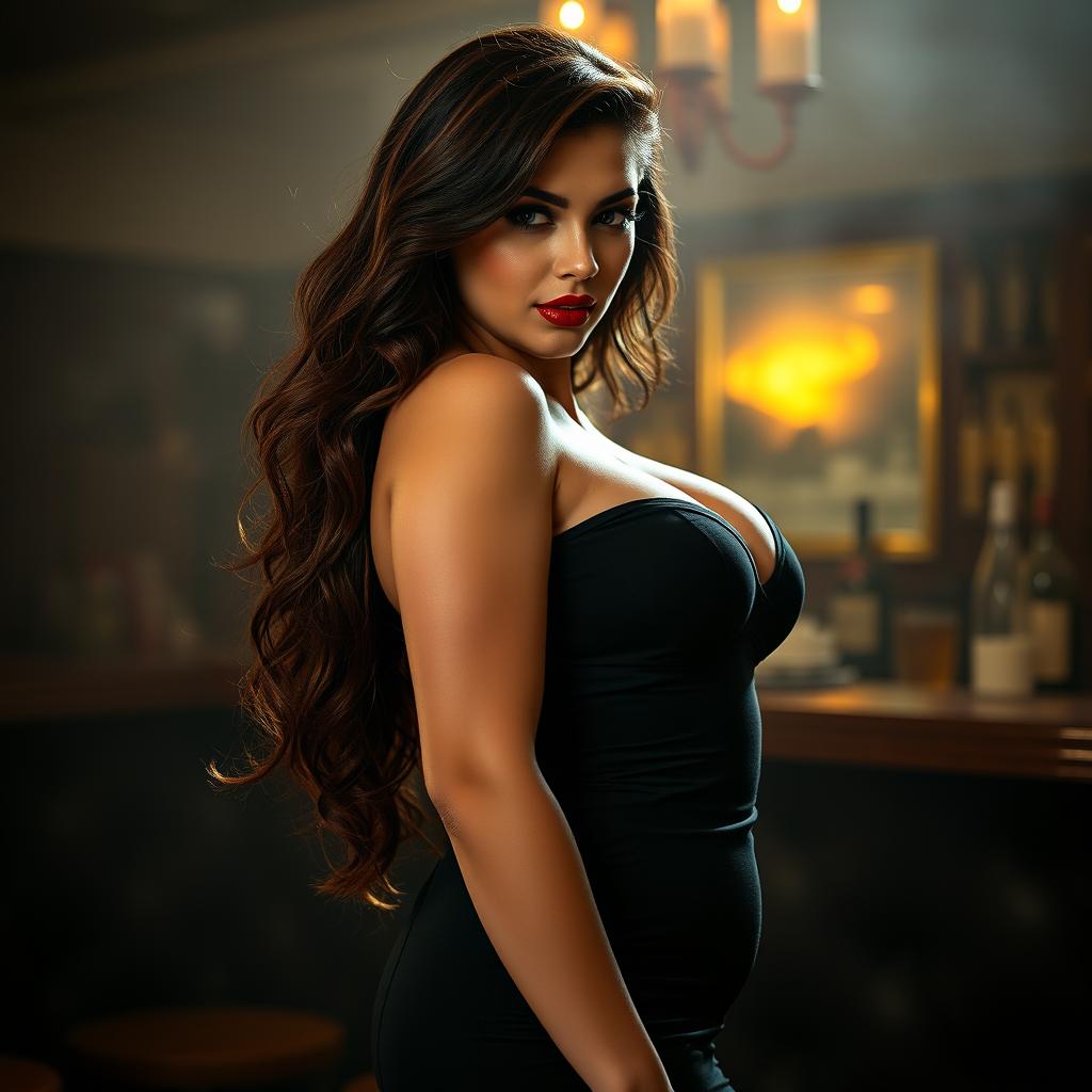 Scarlett Vixen, a dangerously voluptuous femme fatale with luscious red lips and alluring curves that draw you in like a siren's call