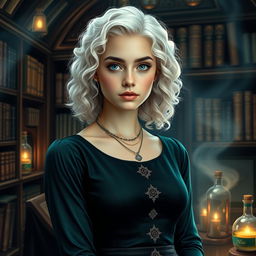 A striking portrait of a young woman, the daughter of Hermione Granger and Draco Malfoy