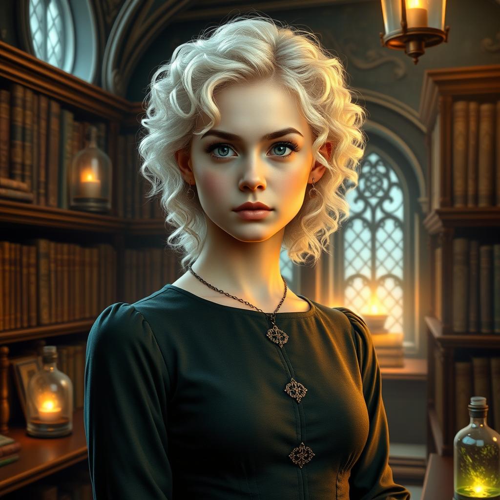 A striking portrait of a young woman, the daughter of Hermione Granger and Draco Malfoy