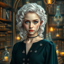 A striking portrait of a young woman, the daughter of Hermione Granger and Draco Malfoy