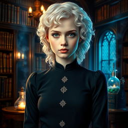 A striking portrait of a young woman, the daughter of Hermione Granger and Draco Malfoy